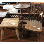 WINE TABLE, SMALL OAK STOOL, MINIATURE SPINDLE BACK DINING CHAIR