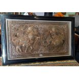 FRAMED TAPESTRY PANEL WITH RAISED ELEPHANT & HORSE WITH RIDERS ON A BACKGROUND OF BEADS & M.O.P WITH