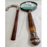 4'' DIA MAGNIFYING GLASS WITH ANTLER HANDLE, BELIEVED OF INDIAN ORIGIN SILVER ROUND HEAD BASE
