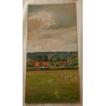 DONALD HUGHES, WATERCOLOUR OF A CRICKET MATCH WITH A VILLAGE BEYOND. SIGNED