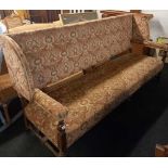 ANTIQUE UPHOLSTERED LONG BENCH IN CARVED MAHOGANY 7ft 7''