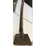 2 PERIOD WOODEN HANDLED FARMING IMPLEMENTS - 1 WITH SHOVEL THE OTHER A ROUND METAL BOWL