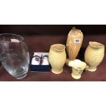 BOXED SET OF ROYAL WORCESTER EGG CODDLER, GLASS VASE, 2 CROWN DEVON WATER JUGS, SILVAC VASE