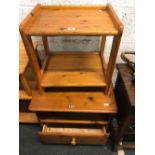 STAINED PINE TABLE WITH SHELF, WITH STAINED PINE BEDSIDE CABINET