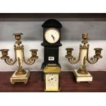 CARRAIGE CLOCK, SMALL MINIATURE GRAND FATHER CLOCK & 2 CANDLE HOLDERS