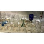 SHELF OF GLASSWARE, INCL; WINE GLASSES, BLUE BOWL ETC