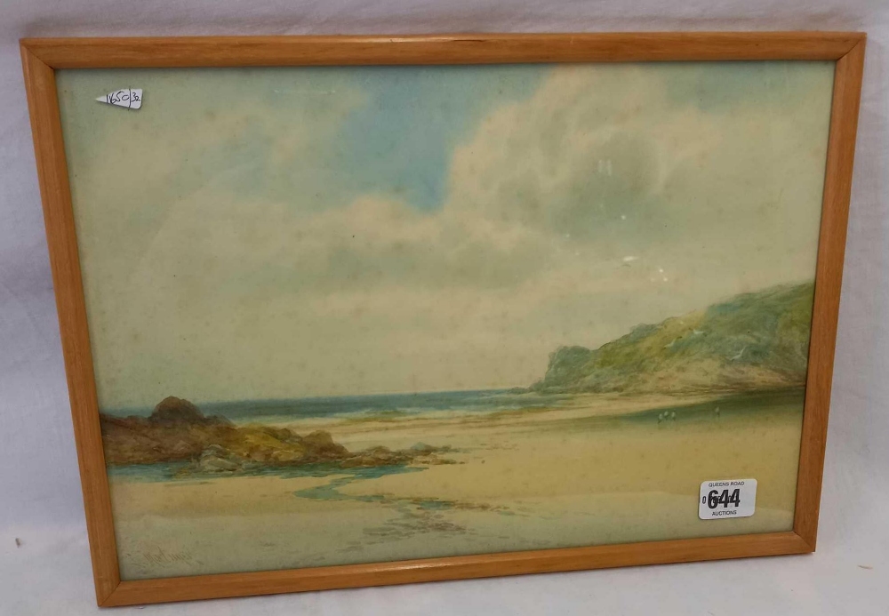 LOUIS MORTIMER, SIGNED WATERCOLOUR OF A WEST COUNTRY COASTAL SCENE WITH SANDY BEACH