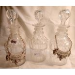 3 MATCHING GLASS DECANTERS WITH RINGS T NECK & LABELS 1 WHISKY 1 VODKA 8 1/4''