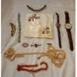 BOX WITH QTY COSTUME JEWELLERY WRIST WATCHES & 1953 CORONATION COMMEMORATIVE PIECE OF CLOTH