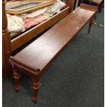 LONG VICTORIAN MAHOGANY BENCH / FORM ON TURNED BALLASTER SHAPE LEGS 6ft LONG APPROX