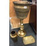 BRASS JARDINIERE & STAND WITH BRASS GALLERY TRAY & BRASS VASE