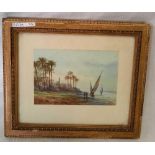 RICHMOND MARKES. EASTERN COASTAL SCENE WITH PALM TREES AND SHOWS. WATERCOLOUR, SIGNED WITH