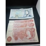 BAG OF 4 BANK NOTES, WELLINGTON £5 NOTE CIRCULATED (SMALL TEAR) 3 CIRCULATED TEN SHILLING NOTES