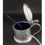 A SILVER MUSTARD POT WITH B.G.L & SILVER SPOON - B'HAM 1924