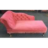 CHAISE LONGUE PINK UPHOLSTERED, MAHOGANY LEGS ON CASTERS