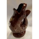 GURGLE JUG IN THE FORM OF A FISH, BROWN GLAZED FROM KERNEWEK POTTERY CORNWALL 9.5'' HIGH UNDAMAGED