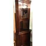 MAHOGANY CORNER CABINET, GLAZED SHELVES & 1 DOOR CUPBOARD BELOW 78'' X 20'' X 32''