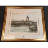 LARGE COLOURED ETCHING, VIEW OF ST PAUL'S CATHEDRAL FROM THE SOUTH BANK OF THE THAMES, BY JOHN
