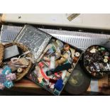 3 CARTONS OF VARIOUS SEWING MATERIAL, WICKER BASKET WITH QTY OF FUR ITEMS