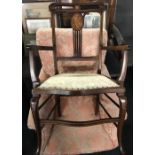 MAHOGANY CARVED UPHOLSTERED DINING CHAIR WITH ARMS