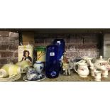 SHELF OF CHINAWARE, 2 BLUE VASES, COPELAND SPODE FAIRY DELL PATTERN (SOME ITEMS CHIPPED & DAMAGED)