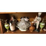 SHELF OF VASES, SOUP TUREEN & COVER, ORIENTAL VASE ETC