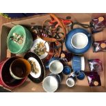 CARTON WITH GLASSWARE, CHINA FIGURES & LEATHER PET COLLARS