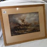 PAIR OF 19THC MARINE SCENES ON BOARD OF A THREE MASTER IN STORMY SEAS AND ANOTHER SIMILAR