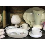 SHELF OF ASSORTED CHINAWARE INCL; 4 DENBY SOUP POTS A/F, 2 MEAT PLATES, CUPS & SAUCERS ETC