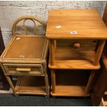 STAINED PINE SMALL 3 TIER TABLE WITH DRAWER & BAMBOO EFFECT BEDSIDE TABLE WITH DRAWER