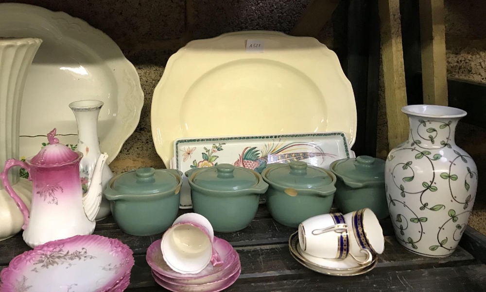 SHELF OF ASSORTED CHINAWARE INCL; 4 DENBY SOUP POTS A/F, 2 MEAT PLATES, CUPS & SAUCERS ETC - Image 2 of 2