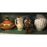 SHELF WITH MINTON WATER JUG, SUNFLOWER WATER JUG A/F, VASE ETC