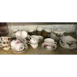 SHELF OF BONE CHINA, CUPS, SAUCERS, JUGS, BOWLS ETC