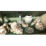 SHELF OF CHINA WALL POCKETS, ROYAL COPENHAGEN COFFEE CANISTER & SAUCERS ETC