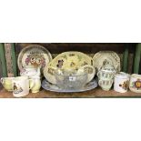 SHELF OF ASSORTED CHINA INCL; CORONATION MUGS, CUP & SAUCERS & TEA POTS, BLUE & WHITE MEAT PLATE