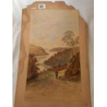 WATERCOLOUR VIEW OF A FIGURE WITH DOG ABOVE THE RIVER DARTVALLEY, SIGNED F. WALTERS