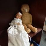 DOLL IN A CHRISTENING GOWN, A TEDDY BEAR & TOMY PLASTIC CLUB HOUSE CABUS CAR TOGETHER WITH QTY OF