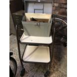 2 TIER METAL & PLASTIC FOOD TROLLEY ON WHEELS WITH A HELIX STORAGE BOX OF PICTURE FRAMES