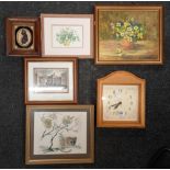 QTY OF F/G PRINTS - 2 TAPESTRY WARE, WALL CLOCK & 1 OIL ON BOARD