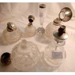 5 CUT GLASS SILVER SCENT BOTTLES & SILVER TOP SPILL VASE