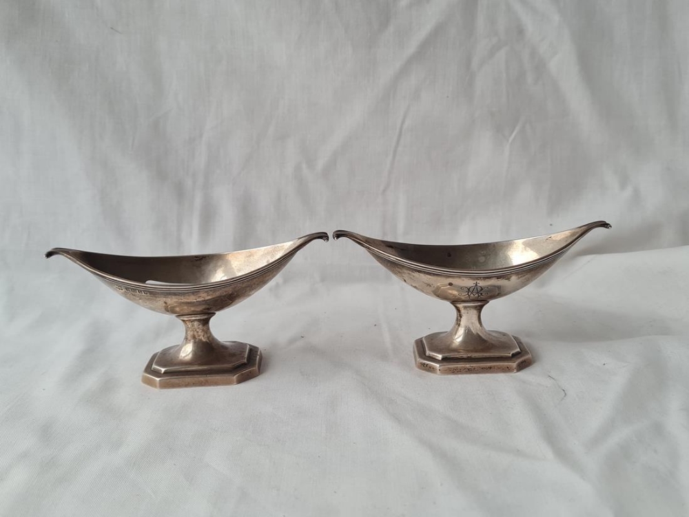 A pair of Victorian boat shaped salts on octagonal bases 5inches wide, Sheffield 1885 by JAM query - Image 2 of 2