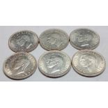 Six George 6th silver shillings better grade