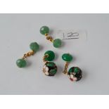 A pair of green glass bead & cloisonné cufflinks & a pair of jadeite cufflinks