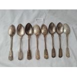 A heavy set of eight Victorian and fiddle thread and shell teaspoons London 1867 / 1879 by HH & GA