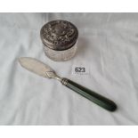 A Georgian butter knife with stained handle and a mounted jar, Birmingham