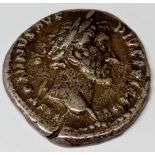 A Roman. Antonihus plus denarus annona as s.4124 but xx = 156-f AD. Good medallic bust