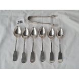 A set of six plain FP tea spoons, Sheffield 1900, and a pair of sugar tongs 1900 132 gms