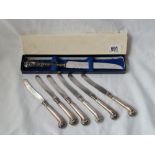 A set of six tea knives with steel blades and silver handled cake knife