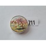 A attractive enamel decorated mirrored pill box with pastoral scene 1 1/2 inched diam Birmingham