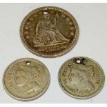 U.S.A. Two three cent pieces 1866 & 1868 and a Silver 1/4 Dollar 1855 holed as souvenirs
